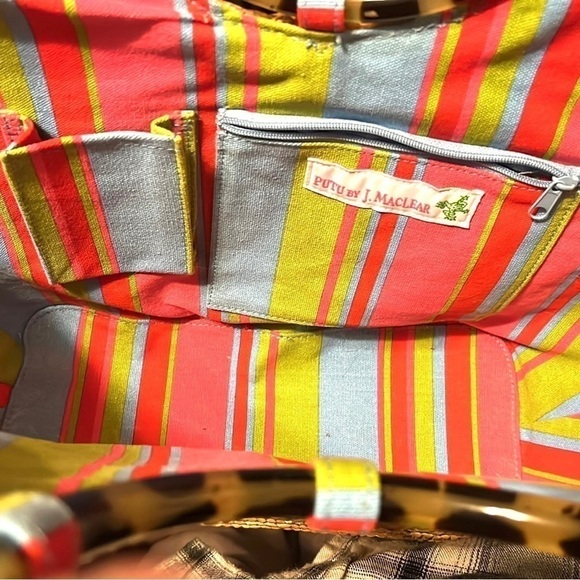 Putu by J MacLear straw bag tortoise ring handles and stripe cotton lining - Picture 5 of 9
